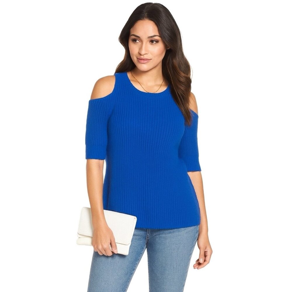 Zoe Jordan Cashmere Wool Blend Cutout Shoulder Sweater Blue Crew Neck M